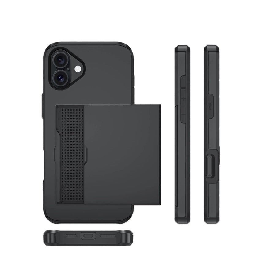 iPhone 16 Card Slide Case - Black | Slim Wallet Cover with Hidden Card Slot & Shock Protection