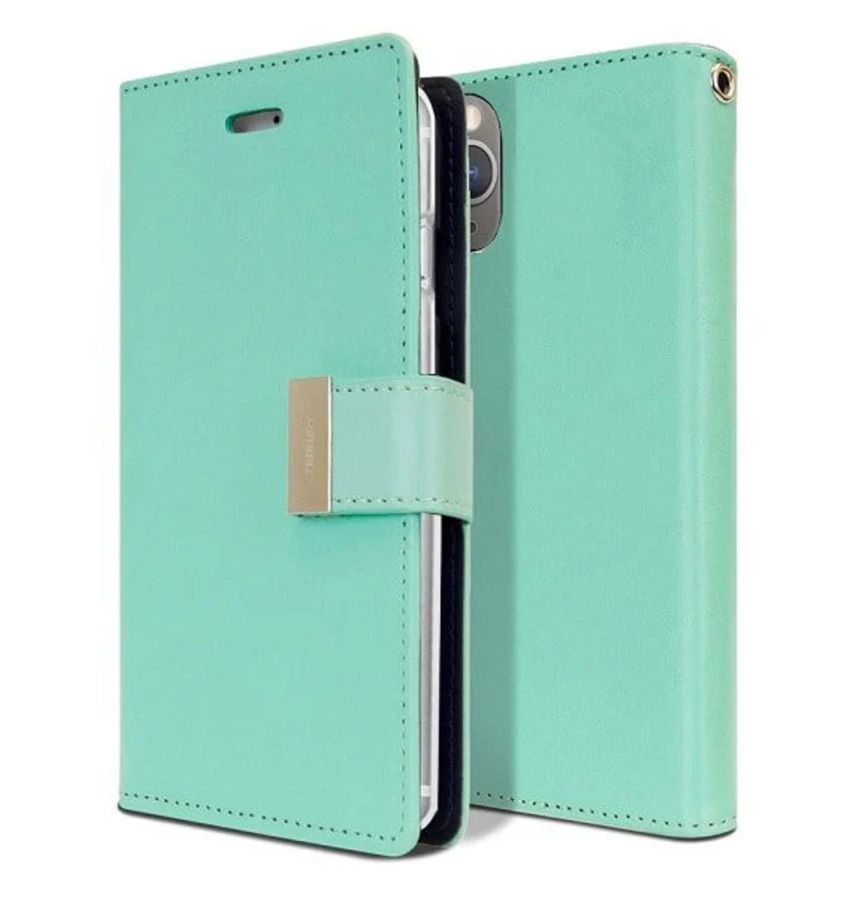 iPhone 15 Plus Wallet Case – Mint & Navy Colorblock | Goospery Mercury Rich Diary Premium PU Leather with Anti-Theft Protection image 0