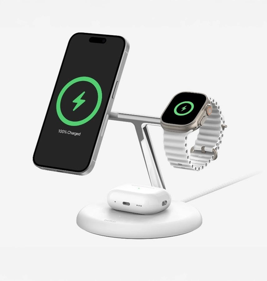 Belkin BoostCharge Pro - White | 3-in-1 Magnetic Wireless Charging Stand with Qi2 15W, (WIZ023AUWH), 36W Power Supply With Attached USB-C Cable image 0