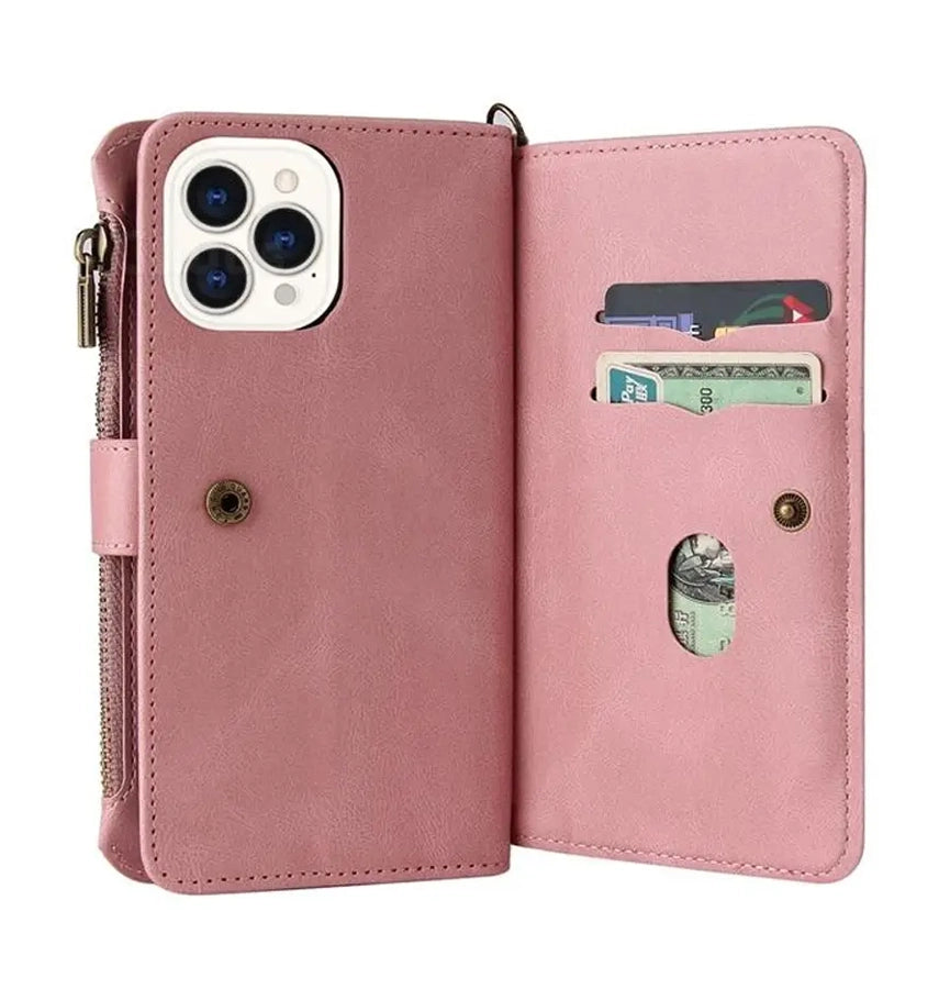 iPhone 17 Pro Max Zipper Wallet Case – Rose Gold | Multi-Slot Leather Wallet, Zipper Closure, MagSafe Compatible image 1