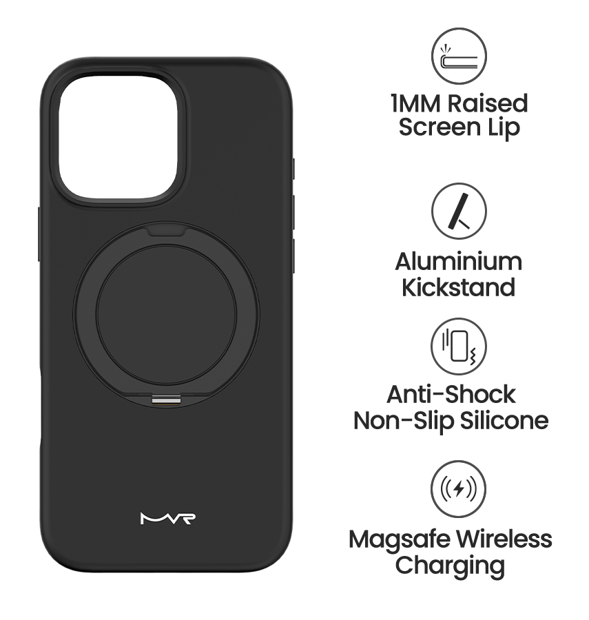 iPhone 16 Pro Max MVR Liquid Silicone Stand Case - Black | Soft - Touch, Adjustable Kickstand, Slim & Protective image 4