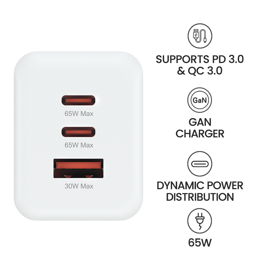 MVR 65W 3 Ports Wall Adapter (GAN-65) - White | SUPPORTS PD 3.0 & QC 3.0 image 6