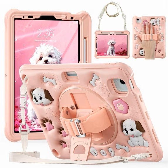 iPad 10.2" Kids Case - Dog | 3D Cartoon Cover with Rotating Stand & Shoulder Strap