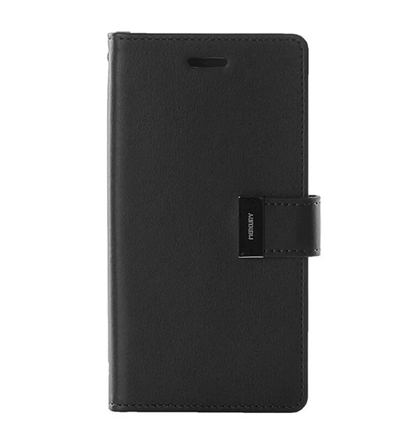 iPhone 14 Pro Max Wallet Case – All Black | Goospery Mercury Rich Diary Flip Cover with Card Holder & Anti-Wireless Charging Compatibility image 0