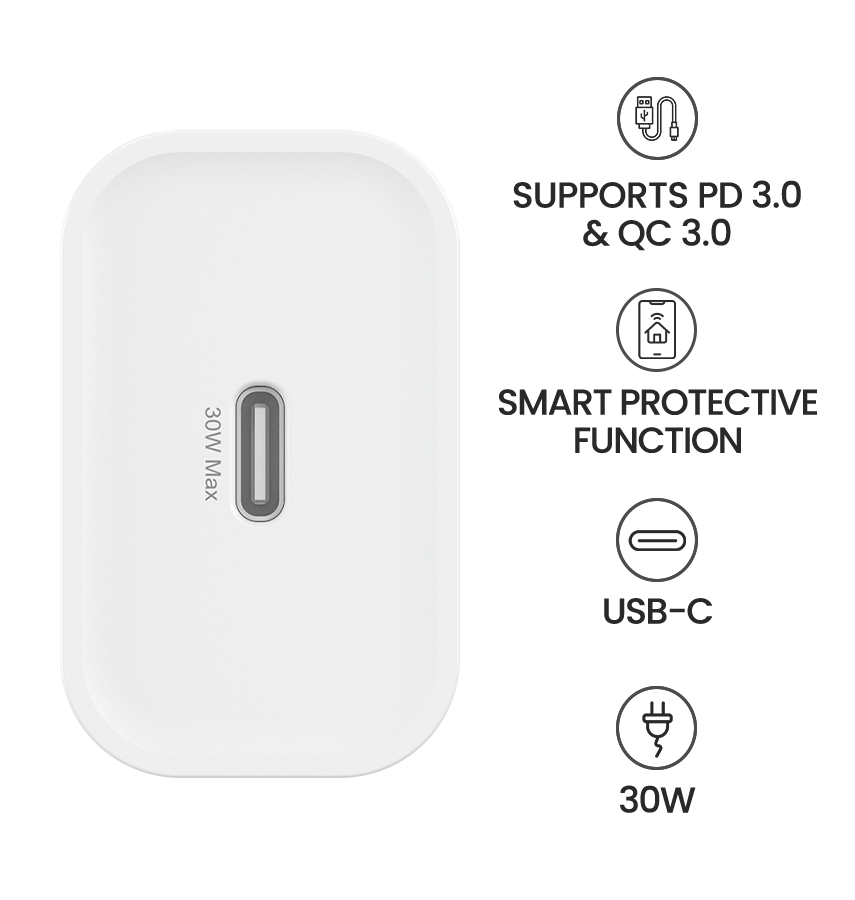 MVR 30W Wall Adapter - White | USB - C Ports, SUPPORTS PD 3.0 & QC 3.0 image 5