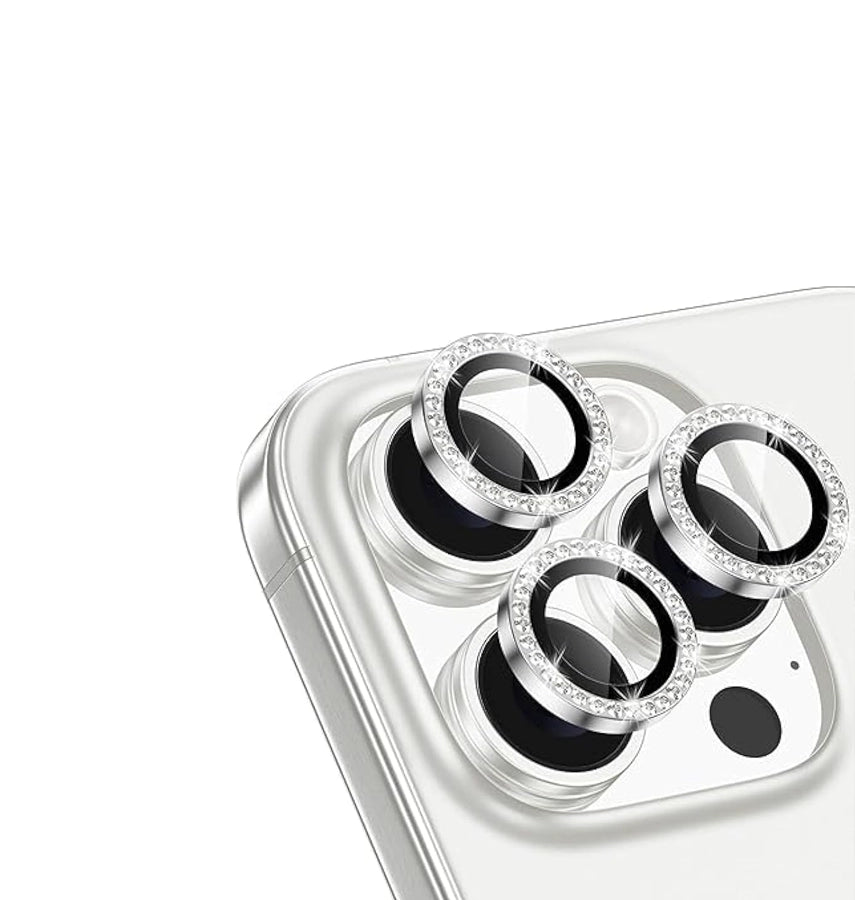 iPhone 17 Pro Max/17 Pro/16 Pro Max/16 Pro Glam Lens Protector – Silver | Stainless Steel Frame, Anti-Reflective, Military-Grade Protection image 0