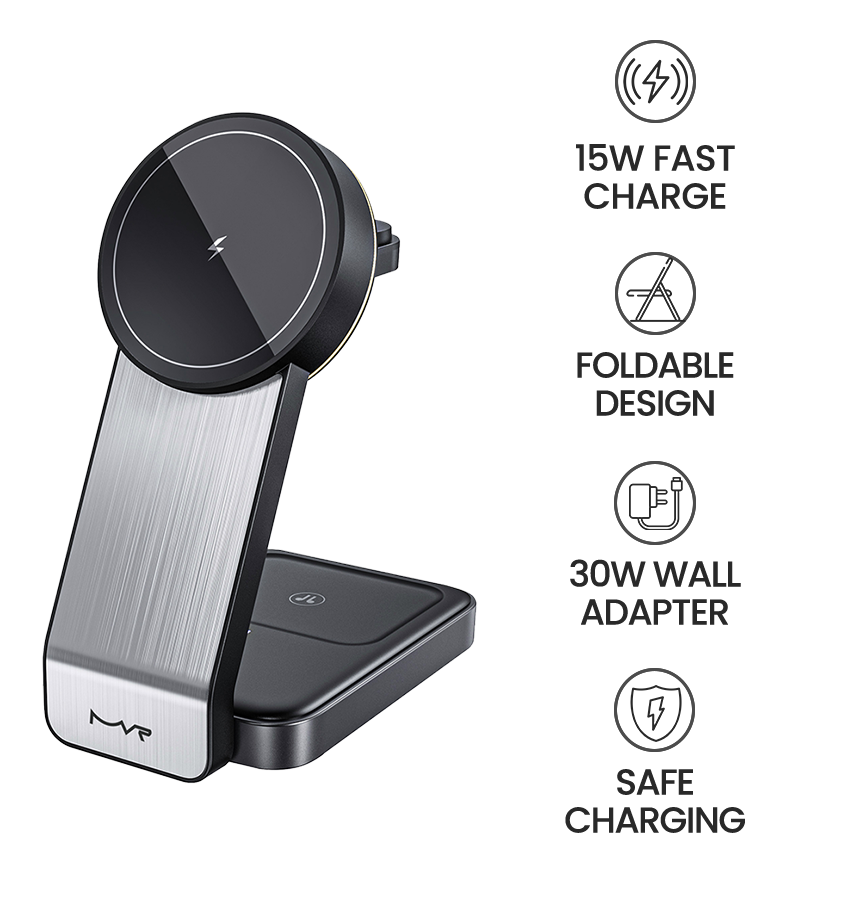 MVR Portable 3 - in - 1 Magnetic Charger - Black | Foldable Travel Charging Station for iPhone, AirPods & Apple Watch image 5