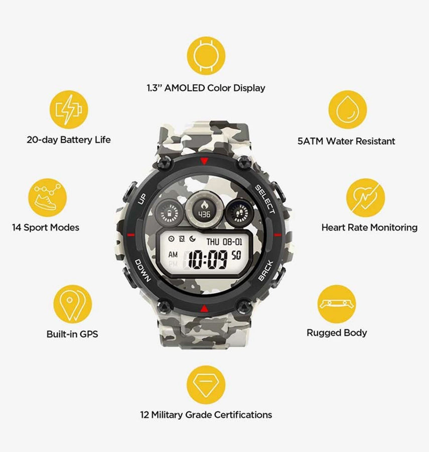 Amazfit T - Rex Camo Green Band - Rugged Silicone, Military - Grade Durability, Quick - Release Strap image 1
