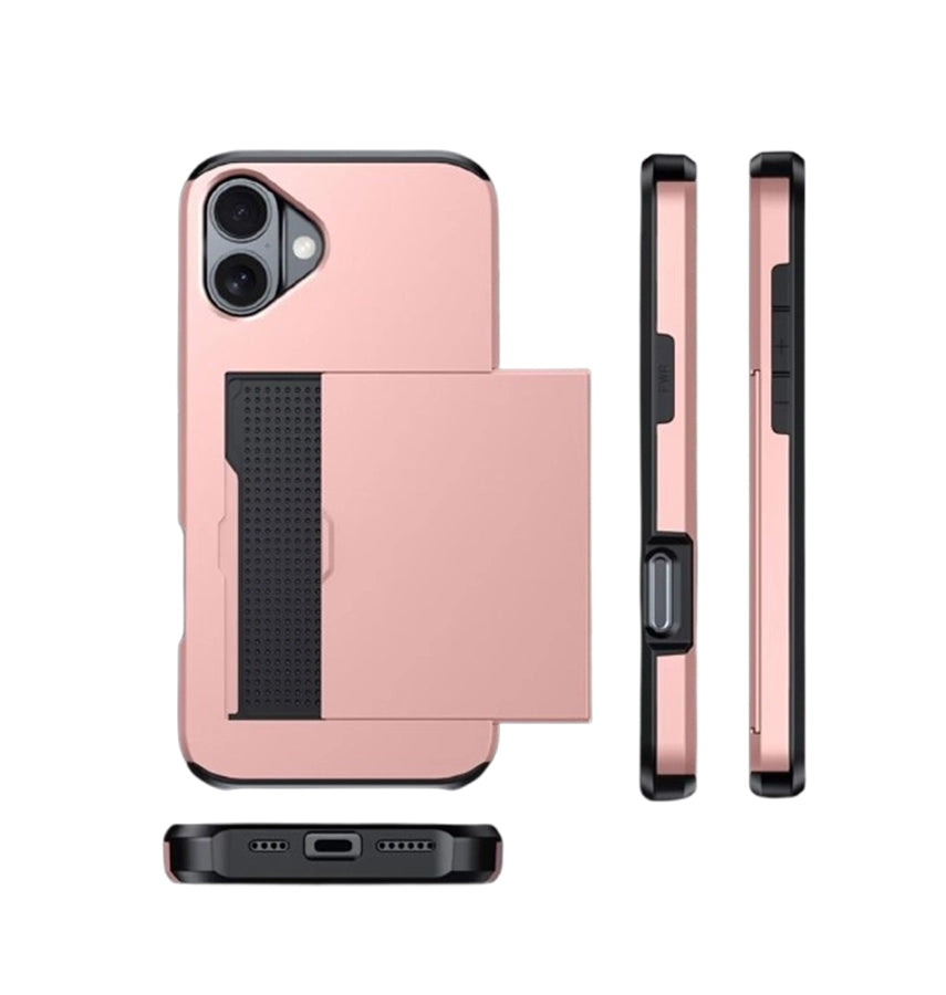 iPhone 16 Card Slide Case - Rose Gold | Slim Wallet Cover with Hidden Card Slot & Shock Protection
