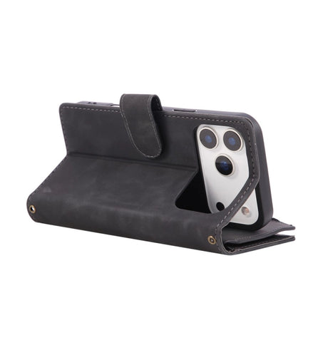 iPhone 17 Pro Max Zipper Wallet Case – Black | Multi-Slot Leather Wallet, Zipper Closure, MagSafe Compatible