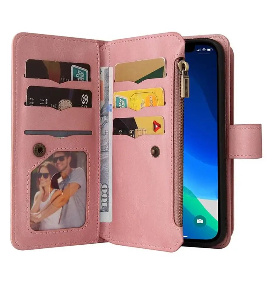 iPhone 17 Pro Max Zipper Wallet Case – Rose Gold | Multi-Slot Leather Wallet, Zipper Closure, MagSafe Compatible