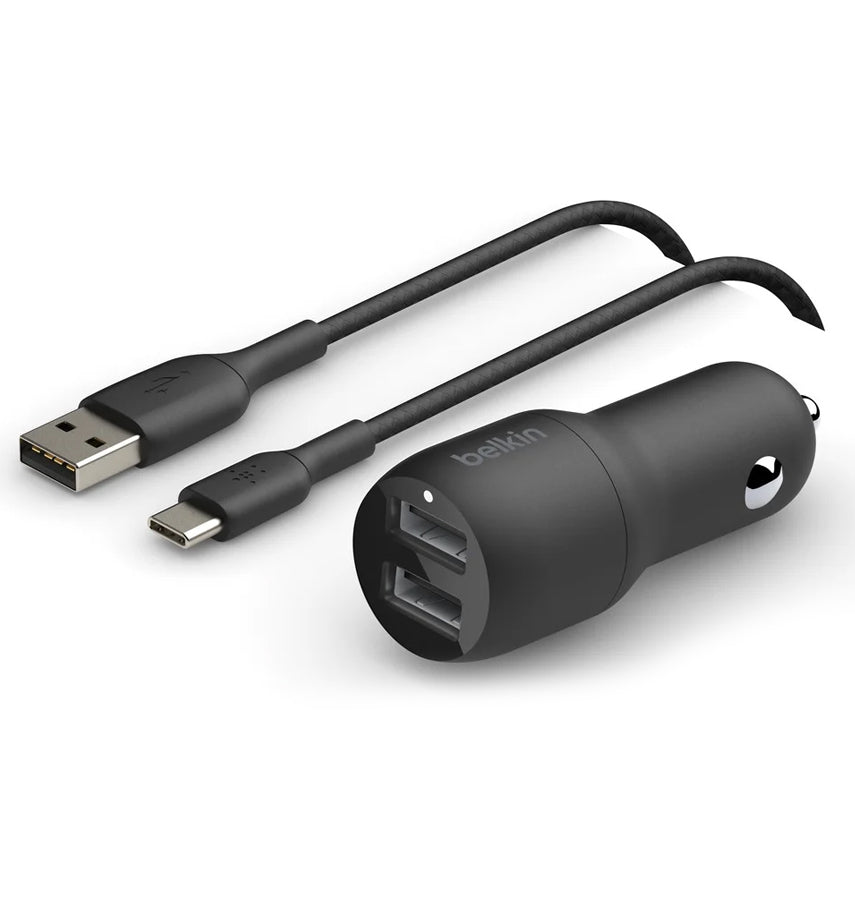 BELKIN BOOSTCHARGE DUAL USB CAR CHARGER W/MICRO USB CABLE 24W BLACK image 0
