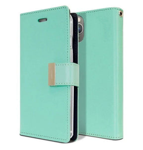 iPhone 15 Plus Wallet Case – Mint & Navy Colorblock | Goospery Mercury Rich Diary Premium PU Leather with Anti-Theft Protection image 0