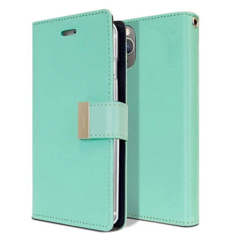 iPhone 15 Plus Wallet Case – Mint & Navy Colorblock | Goospery Mercury Rich Diary Premium PU Leather with Anti-Theft Protection image 0