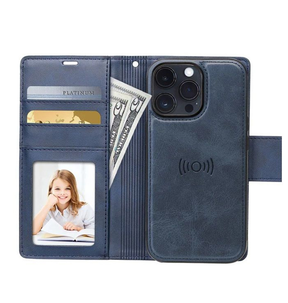 iPhone 16 Pro Wallet Case - Navy | Hanman Leather Magnetic Detachable Flip Cover image 0