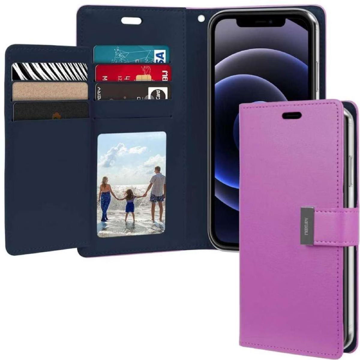iPhone 15 Pro Mercury Rich Diary Flip Wallet Case Cover - Purple/Navy