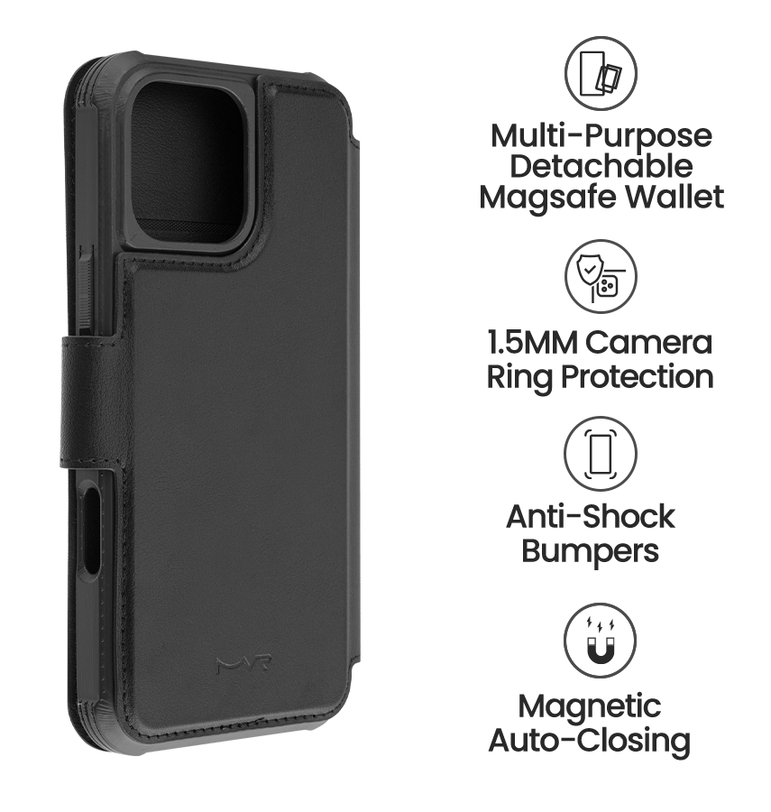 iPhone 16 Pro Max MVR Luxe Guard MagSafe Wallet Case - Black | Detachable Flip Cover, Card Holder image 4