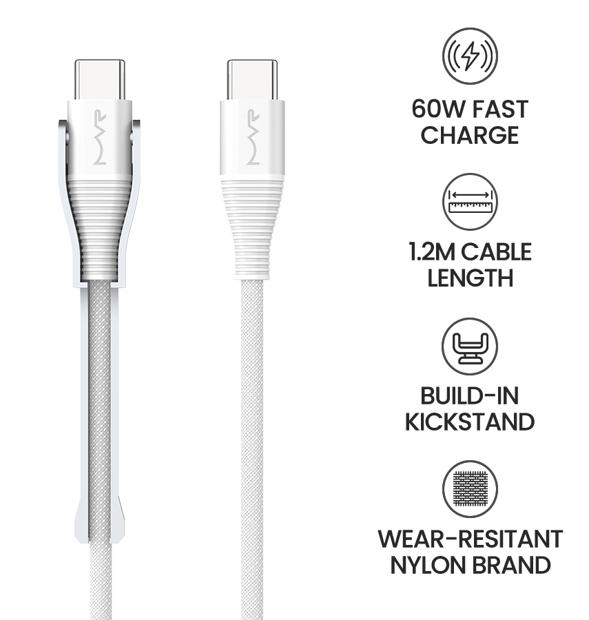 MVR 60W Nylon Braided Charging Cable - White | USB C 1.2m Multi Fast Charging Cable With Kickstand image 7