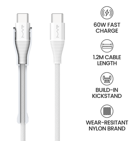 MVR 60W Nylon Braided Charging Cable - White | USB C 1.2m Multi Fast Charging Cable With Kickstand image 7