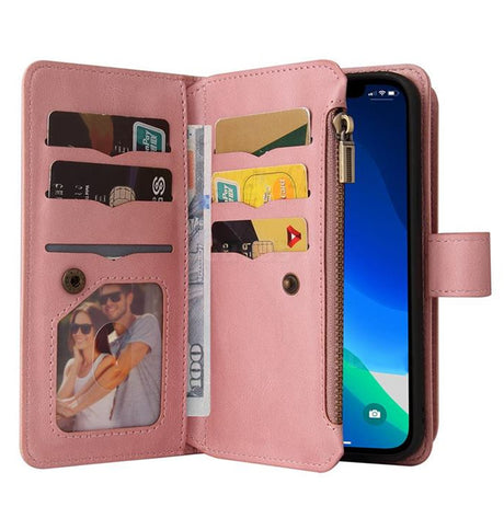 iPhone 14 Pro Max Zipper Wallet Case - Rose Gold | Genuine Leather with Secure Coin Pocket & 6 Card Slots