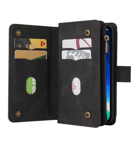 iPhone 16 Pro Max Zipper Wallet Case - Black | Genuine Leather with Secure Coin Pocket & 6 Card Sl