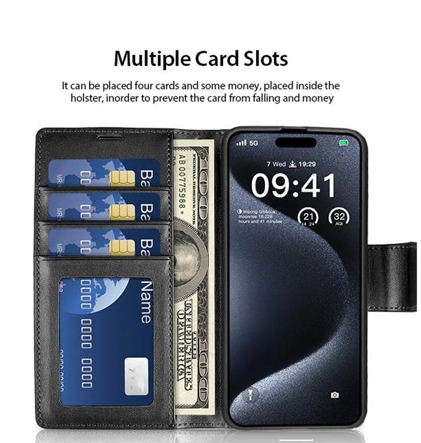 iPhone 16 Plus Wallet Case - Black | Hanman Leather Magnetic Detachable Flip Cover