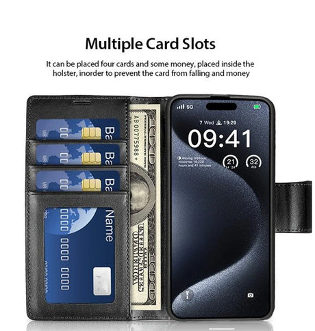iPhone 16 Plus Wallet Case - Black | Hanman Leather Magnetic Detachable Flip Cover