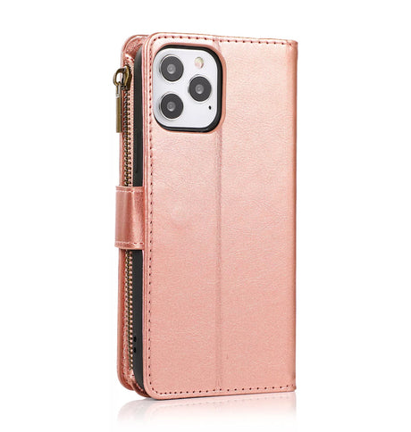 iPhone 15 Pro Max Zipper Wallet Case - Rose Gold | Genuine Leather with Secure Coin Pocket & 6 Card Slots