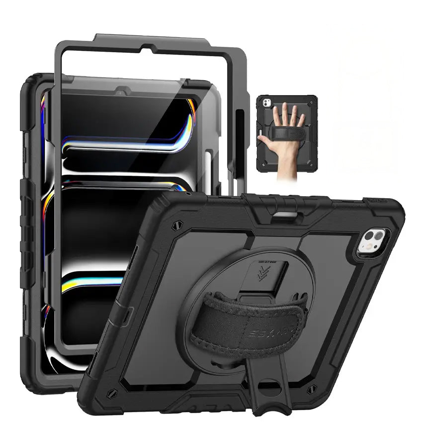Apple iPad Pro 13" (2024) Case - Black | Survivor Generic 360 Rotating Hand Strap Stand, Protective Cover image 0