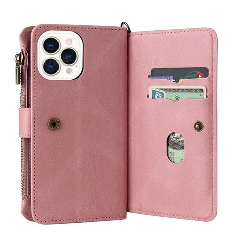 iPhone 13 Pro Max Zipper Wallet Case - Rose Gold | Genuine Leather with Secure Coin Pocket & 6 Card Slots