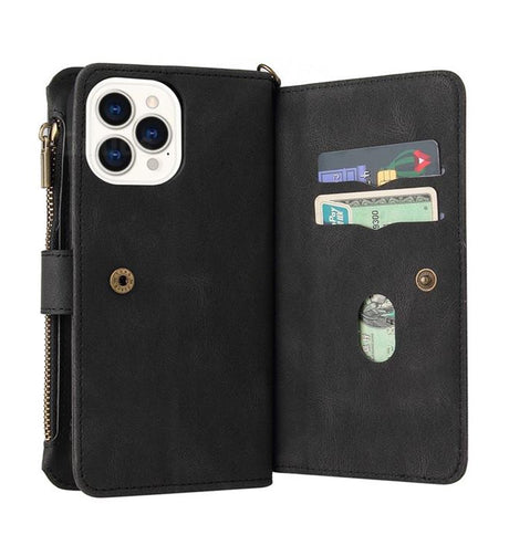 iPhone 15 Pro Max Zipper Wallet Case - Black | Genuine Leather with Secure Coin Pocket & 6 Card Slots