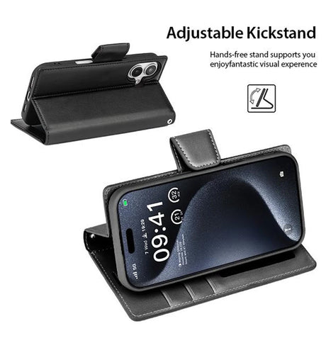 iPhone 16 Plus Wallet Case - Black | Hanman Leather Magnetic Detachable Flip Cover
