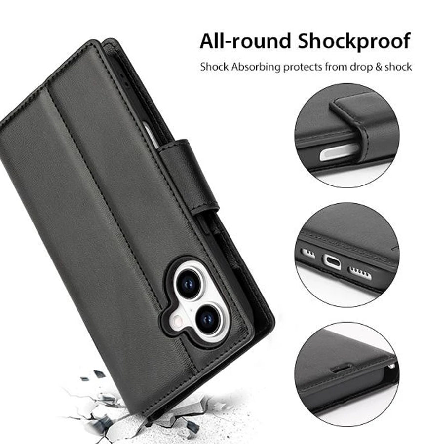 iPhone 16 Plus Wallet Case - Black | Hanman Leather Magnetic Detachable Flip Cover
