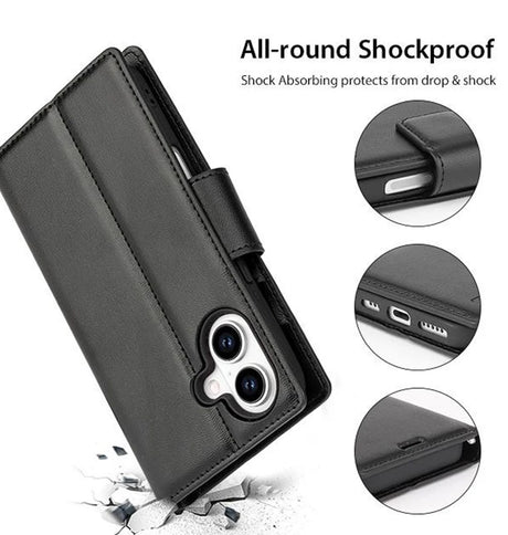 iPhone 16 Plus Wallet Case - Black | Hanman Leather Magnetic Detachable Flip Cover