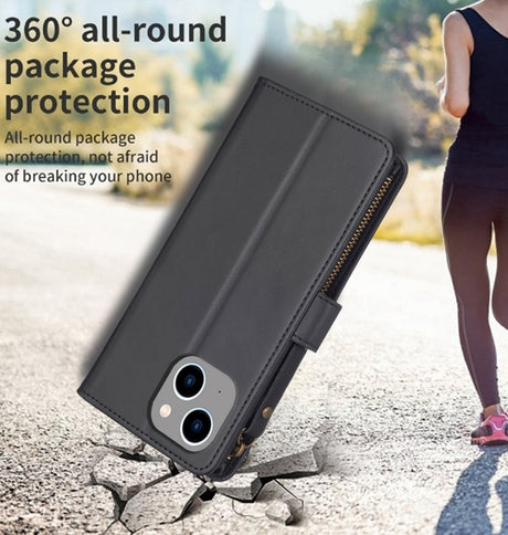 iPhone 15 Zipper Wallet Case - Black | Genuine Leather with Secure Coin Pocket & 6 Card Slots