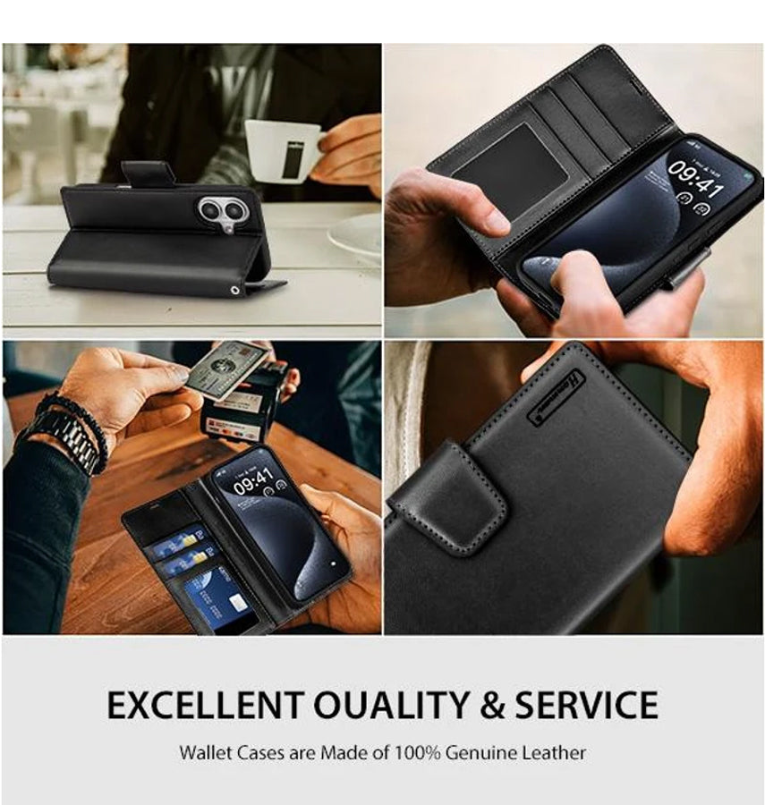 iPhone 16 Plus Wallet Case - Black | Hanman Leather Magnetic Detachable Flip Cover