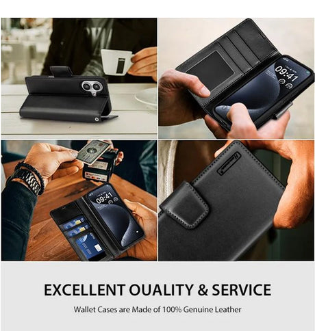iPhone 16 Plus Wallet Case - Black | Hanman Leather Magnetic Detachable Flip Cover