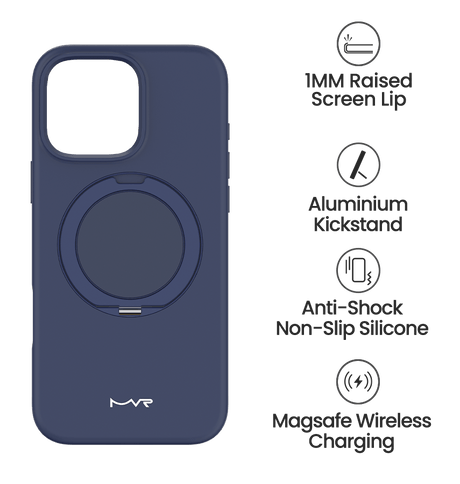 iPhone 16 Pro Case - Navy | MVR Liquid Silicone Stand Cover, Soft - Touch, Adjustable Kickstand image 4
