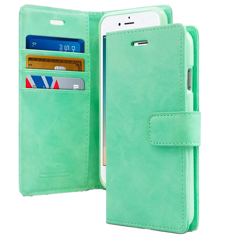 iPhone 13 Pro Max Wallet Case – Mint | Goospery Mercury Bluemoon Genuine Leather Flip Dairy Cover with Multi-Function Card Holder image 0