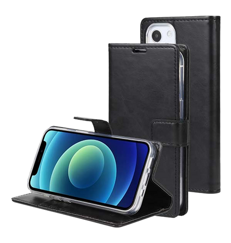iPhone 14 Pro Max Wallet Case – Black | Goospery Mercury Bluemoon Genuine Leather Flip Cover image 0