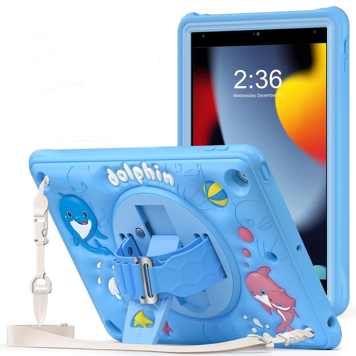 iPad 10.9" Kids Case - Dolphin | 3D Cartoon Cover with Rotating Stand & Shoulder Strap