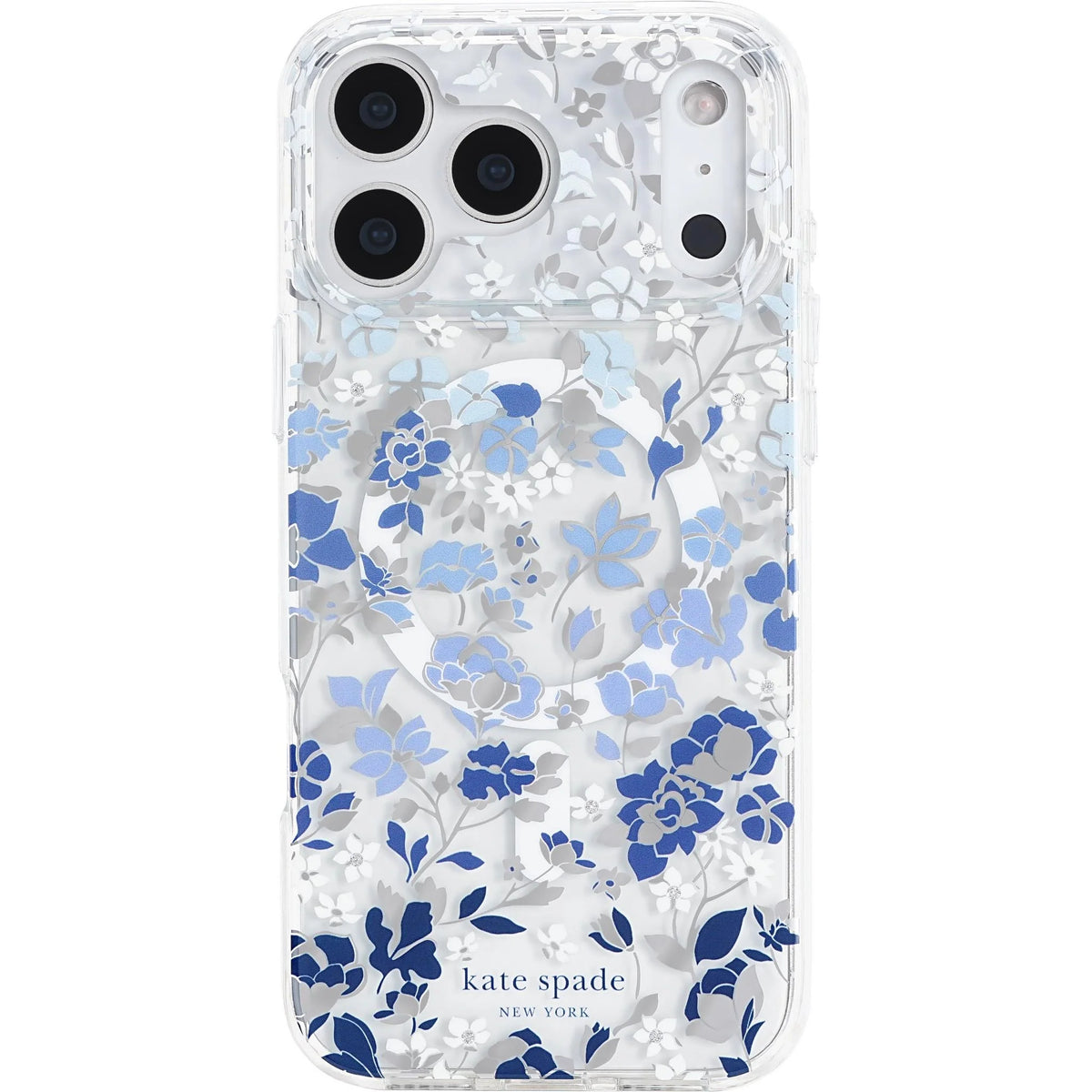 iPhone 18 Pro Kate Spade Flowerbed Blue Case - Clear/Blue | MagSafe Cover with Crystal Embellishments