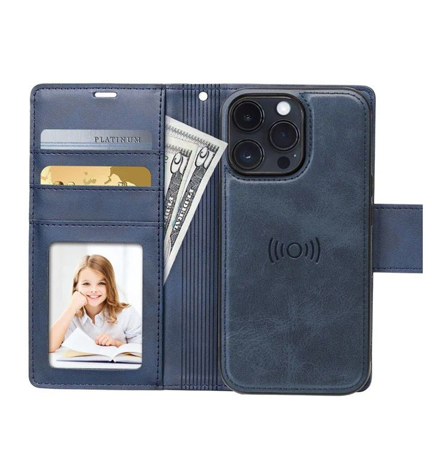 iPhone 16 Wallet Case - Navy Blue | Hanman Leather Magnetic Detachable Flip Cover image 0