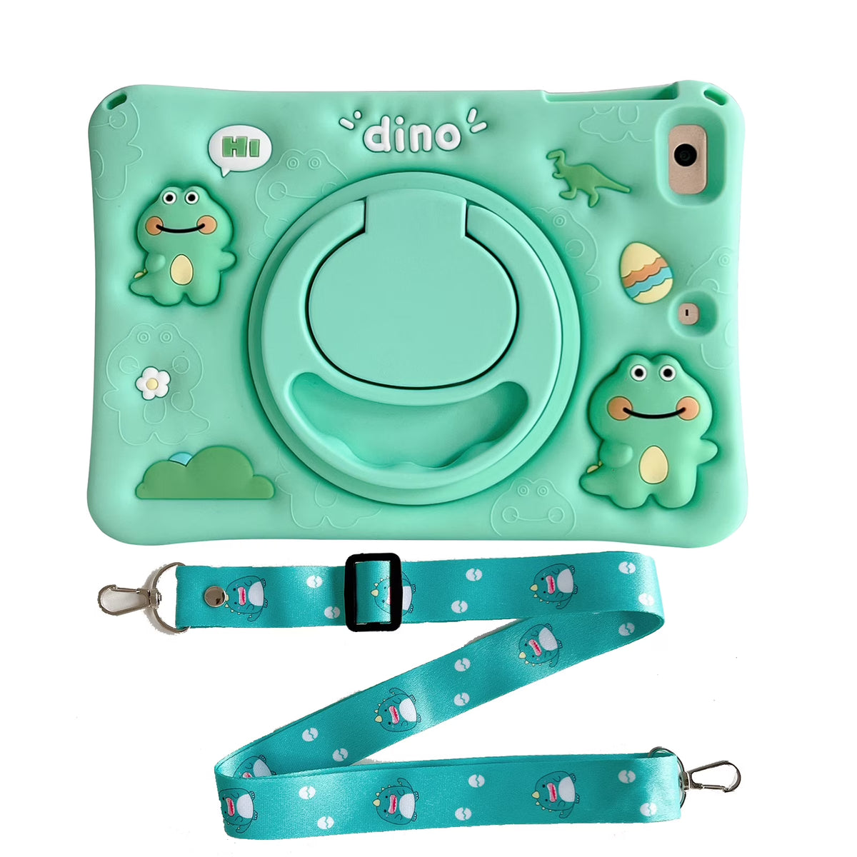 iPad 10.9" Kids Case - Dino | 3D Cartoon Cover with Rotating Stand & Shoulder Strap