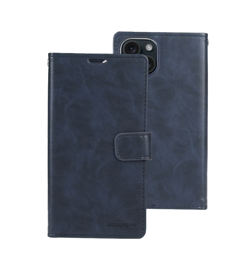 iPhone 15 Wallet Case – Navy | Goospery Mercury Bluemoon Flip Cover with Quick–View ID Window, Magnetic Kickstand & Wireless Charging image 0