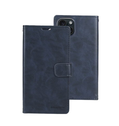 iPhone 15 Wallet Case – Navy | Goospery Mercury Bluemoon Flip Cover with Quick–View ID Window, Magnetic Kickstand & Wireless Charging image 0