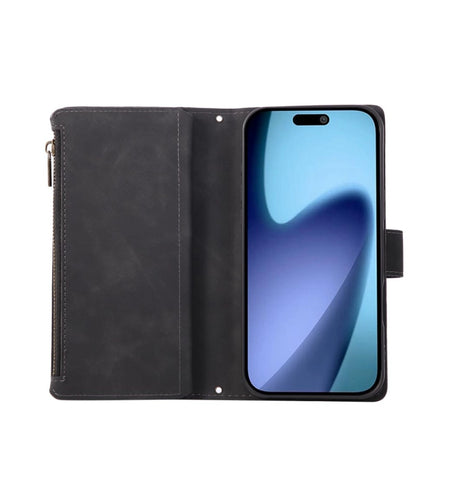 iPhone 17 Pro Max Zipper Wallet Case – Black | Multi-Slot Leather Wallet, Zipper Closure, MagSafe Compatible image 1