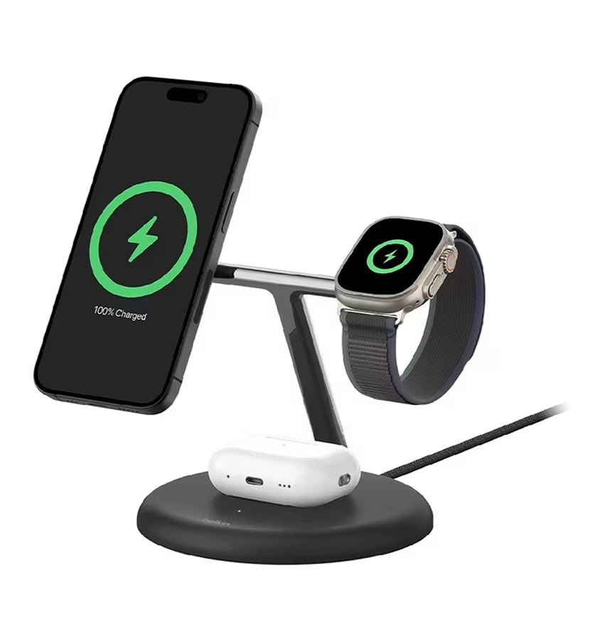Belkin BoostCharge Pro 3-in-1 Magnetic Wireless Charging Stand with Qi2 15W, Black(WIZ023AUBK), 36W Power Supply With Attached USB-C Cable image 0
