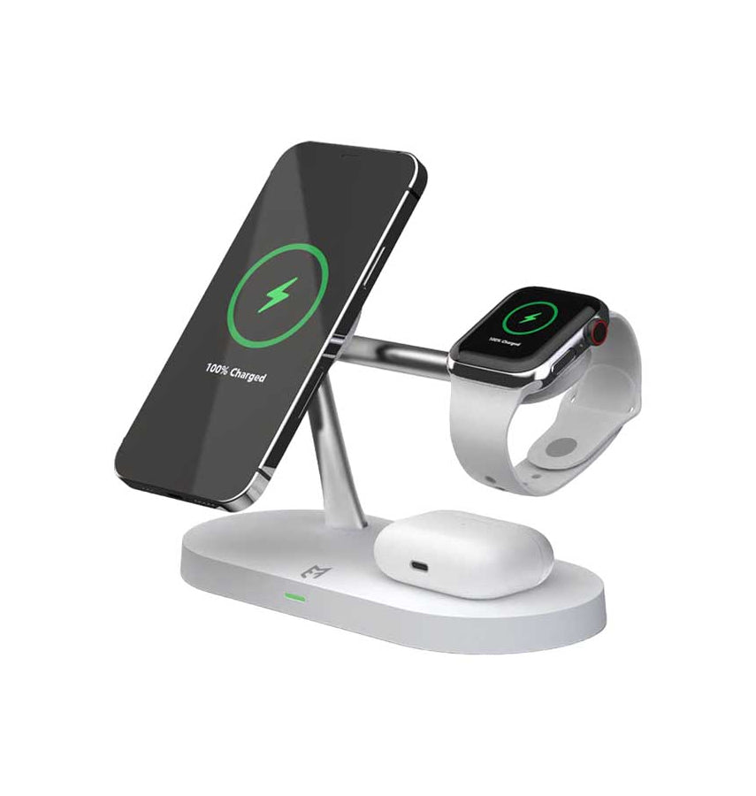 EFM FLUX 4‑in‑1 Wireless Charging Dock – Silver | MagSafe Compatible, Charges iPhone/Apple Watch/AirPods + USB‑A Output image 0