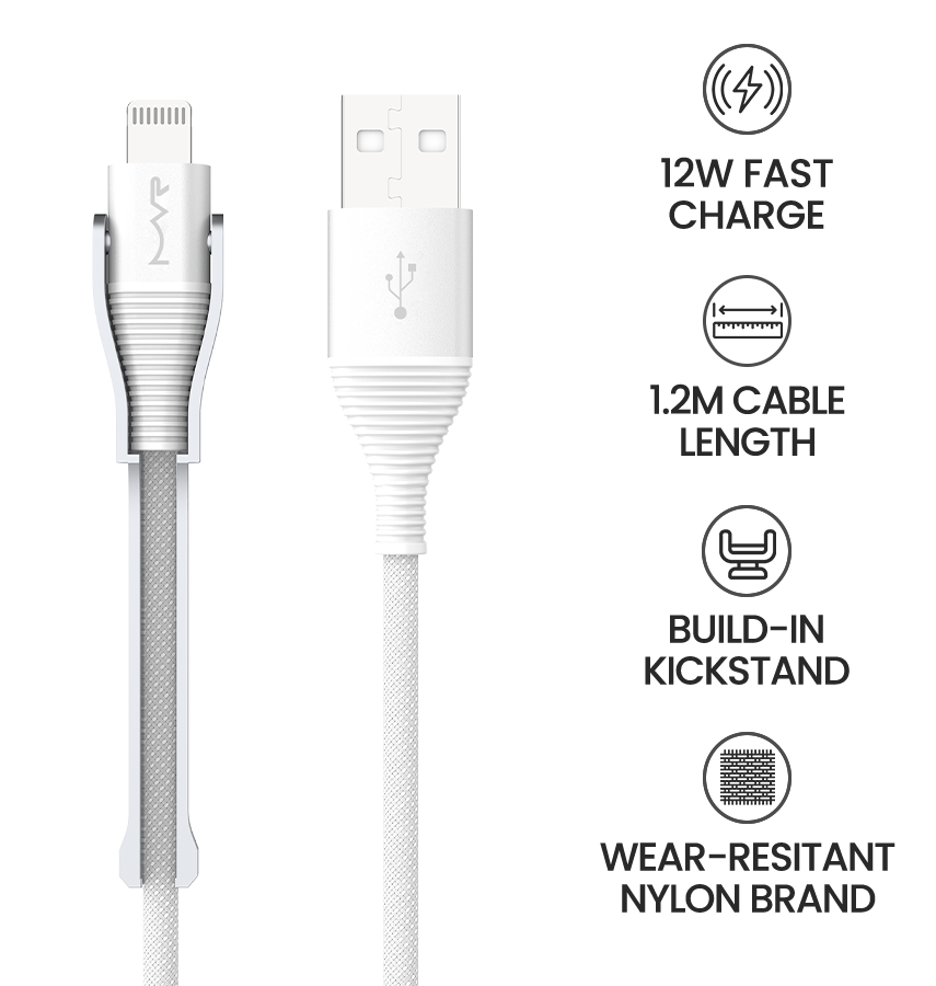 MVR Lightning Cable - White | MFi Certified 1.2m USB A, Fast Charging with Phone Stand image 7